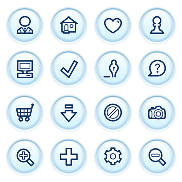 Basic web icons on blue buttons.