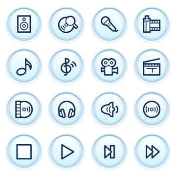 Audio video web icons on blue buttons.