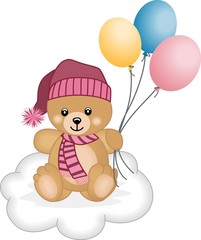 Winter teddy bear  flying balloons