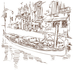 Venice - Calle Fondamenta Megio. Ancient building & gondola. Vec