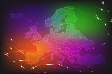 Europakarte mit Neonfarben und Sternen