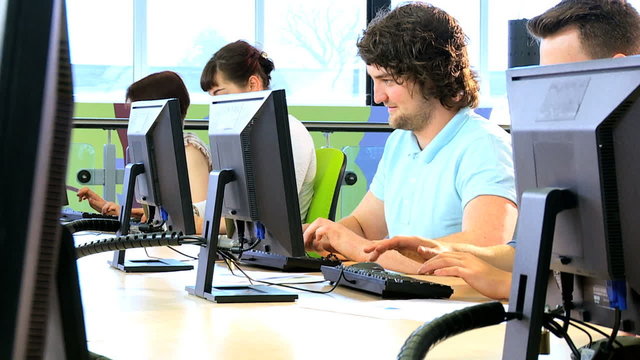 Young students using college information net for degree 