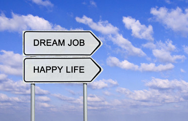 Road sign to  happy life and dream job