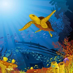 Fotobehang Gekleurd koraalrif met gele schildpad © Natali Snailcat