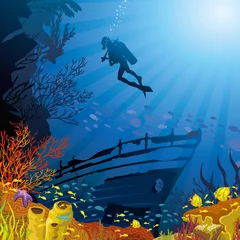 Poster Gekleurd koraalrif met vissen en duiker © Natali Snailcat