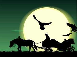 silhouette of horse put to cart under full moon at night