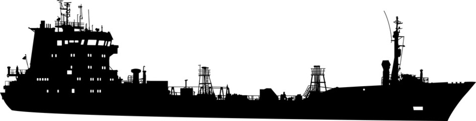 Silhouette of the sea tanker ship with container