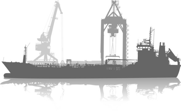 silhouette of ship in port on unloading under the crane
