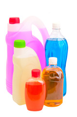 five bottles with liquid chemicals