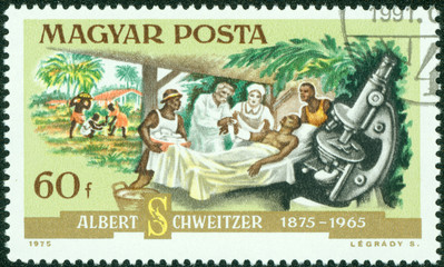 stamp printed in the Hungary shows Dr. Albert Schweitzer