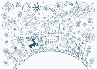 Christmas hand drawn doodle background with place for text