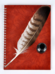 Feather with ink bottle and workbook
