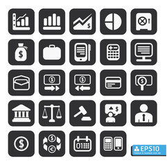 Finance and business vector icon set in black color button frame