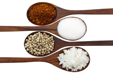 Cayenne pepper, salt, pepper and sugar