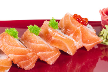 Japanese sushi traditional japanese food.Roll made of salmon, re