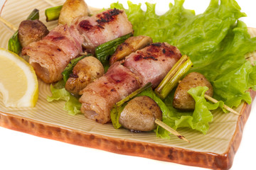 Bacon wrapped grilled Scallops with mushrooms and bacon