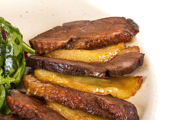 duck fillet, mashed potatoes seasoned with truffle oil, fig and