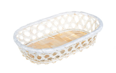 Wickerwork empty yellow breadbasket on white background