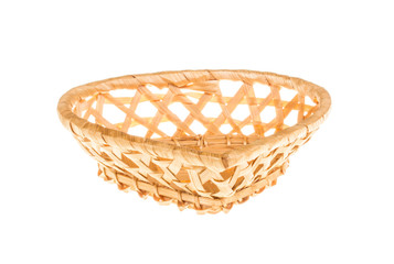 Wickerwork empty yellow breadbasket on white background