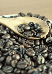 Coffee beans with wooden spoon close-up