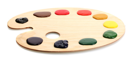 wooden art palette with paint isolated on white