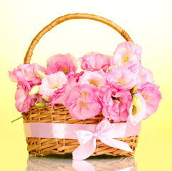 Fototapeta na wymiar Bukiet eustoma kwiatów w koszyku, na żółtym tle