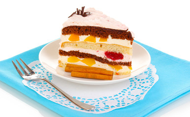 Layered fruit cake isolated on white