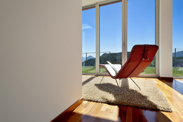 beautiful house, modern style, room view with a chair