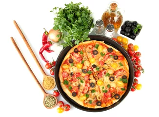 Gordijnen colorful composition of delicious pizza, vegetables and spices © Africa Studio
