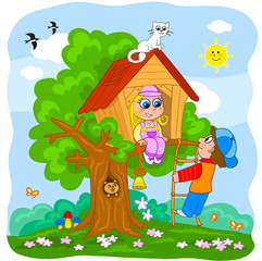 Boy and girl playing in a tree house. Cartoon illustration