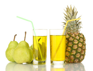 Glass of sweet juice with fruit isolated on white