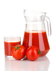 Tomato juice in pitcher and glass isolated on white