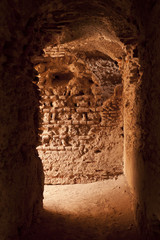 Interior corridors of El Badi Palace in Marrakech, Morocco.