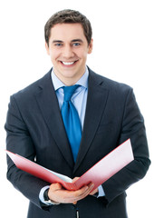 Businessman with red folder, isolated