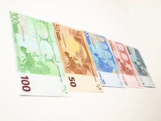 Euro currency bank notes, lined up