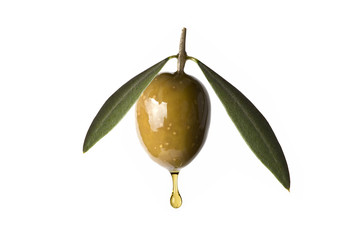 Aceituna con hojas goteando aceite de oliva