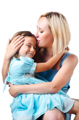 Happy mom and daughter on white