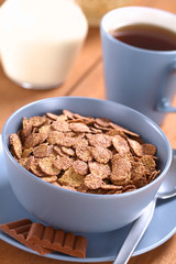 Bowl of chocolate corn flakes cereal