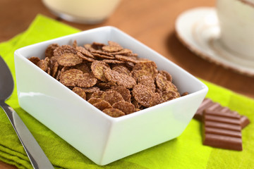Bowl of chocolate corn flakes cereal
