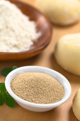Active dry yeast in small bowl with flour and dough