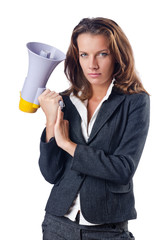 Businesswoman with loudspeaker on white