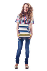 Student with lots of books on white