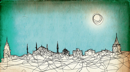Naklejka premium Sketchy drawing of Istanbul on grunge paper