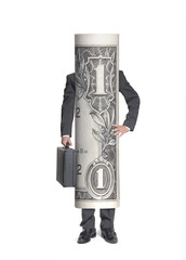 Naklejka premium Exitoso hombre de negocios en forma de billete de dólar.