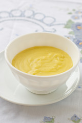 Custard in a white bowl