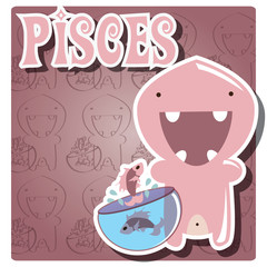 Zodica sign Pisces with cute colorful monster, vector