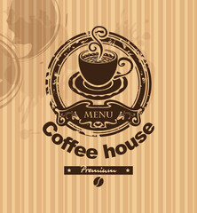 banner with a cup of coffee on a striped background
