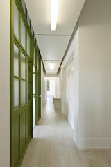 interior, office, long corridor with glass door