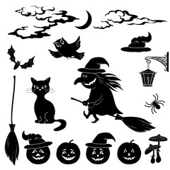 Halloween cartoon, set black silhouette