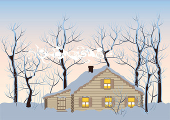 hut in winter forest